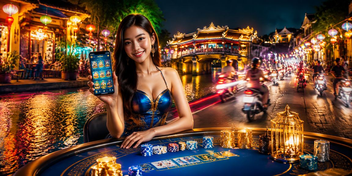 Người chơi sử dụng điện thoại tại khu chợ đêm Hội An